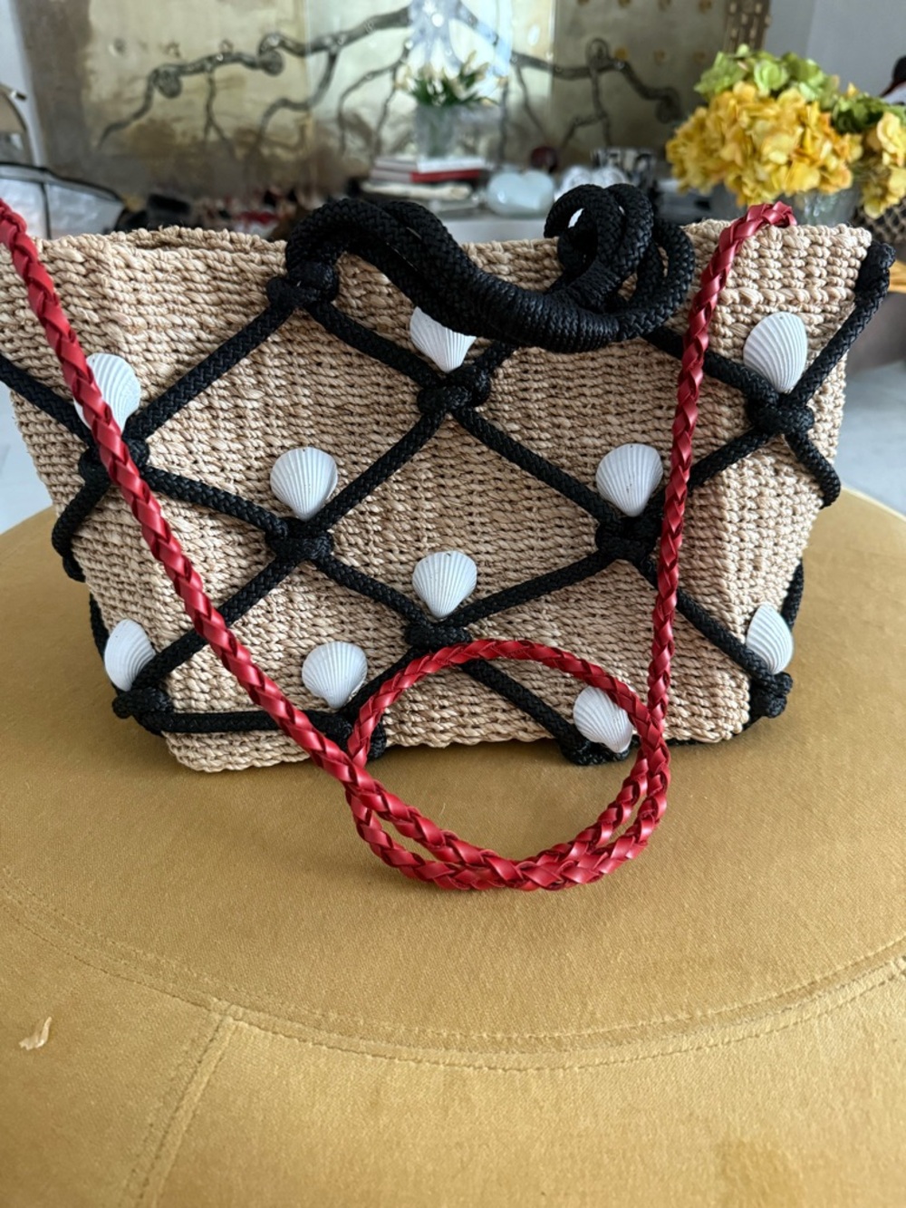 Woven Straw Shell Accent Crossbody Bag in Natural and Black with Red Strap